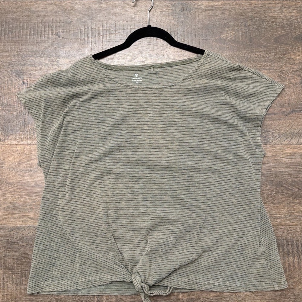 T by Talbots Womens XL Olive Green Striped Tie Front Button Back Top